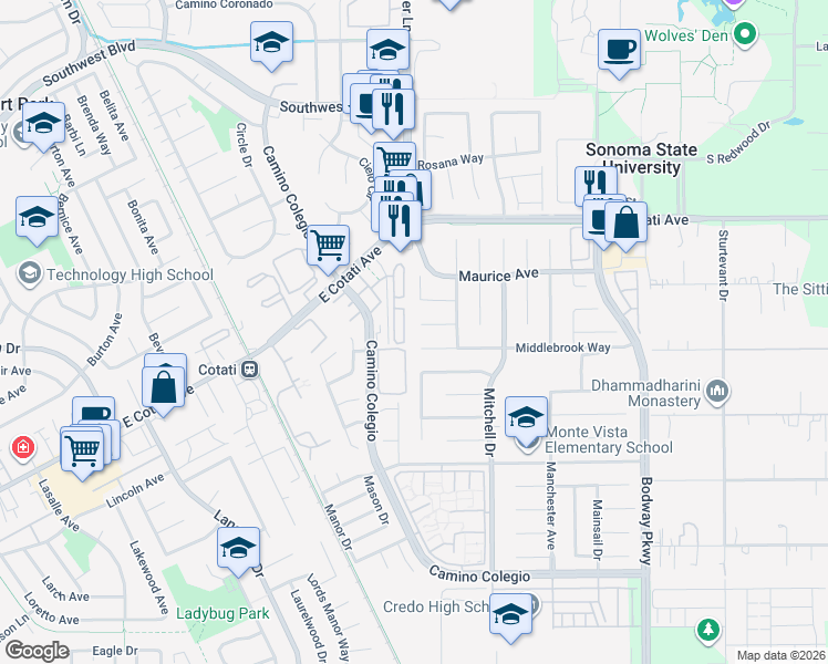 map of restaurants, bars, coffee shops, grocery stores, and more near 1308 Middlebrook Way in Rohnert Park