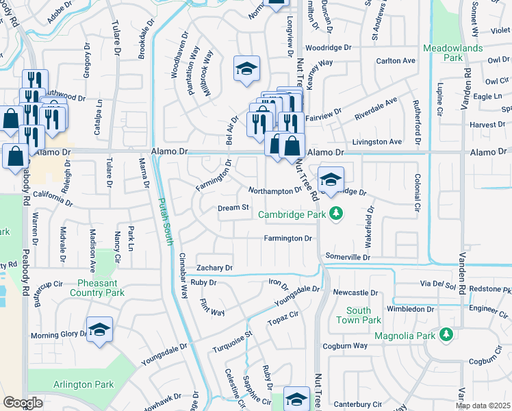 map of restaurants, bars, coffee shops, grocery stores, and more near 107 Heritage Lane in Vacaville