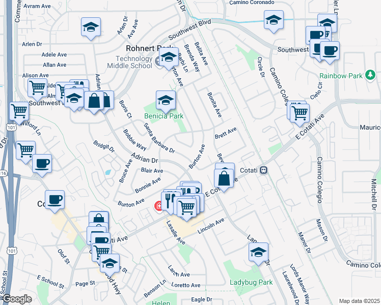 map of restaurants, bars, coffee shops, grocery stores, and more near 7865 Burton Avenue in Rohnert Park