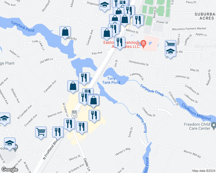 map of restaurants, bars, coffee shops, grocery stores, and more near 228 Canal Park Drive in Salisbury