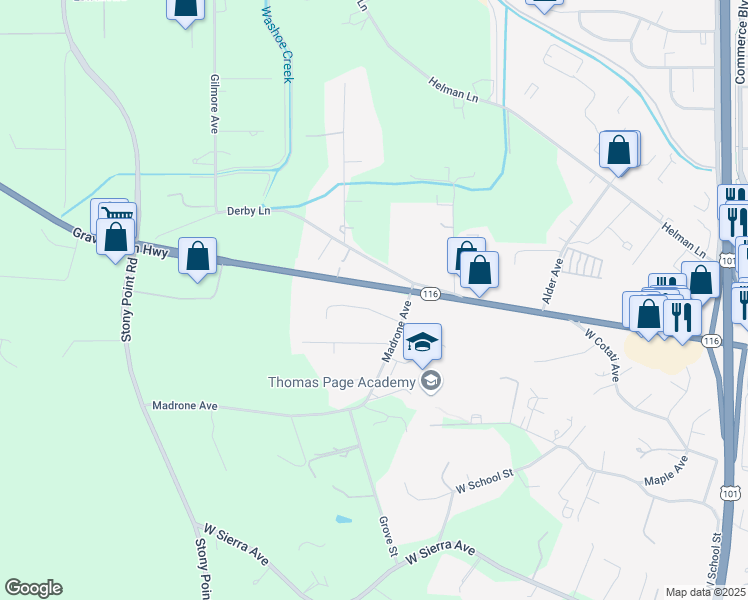 map of restaurants, bars, coffee shops, grocery stores, and more near 7736 Gravenstein Highway in Cotati