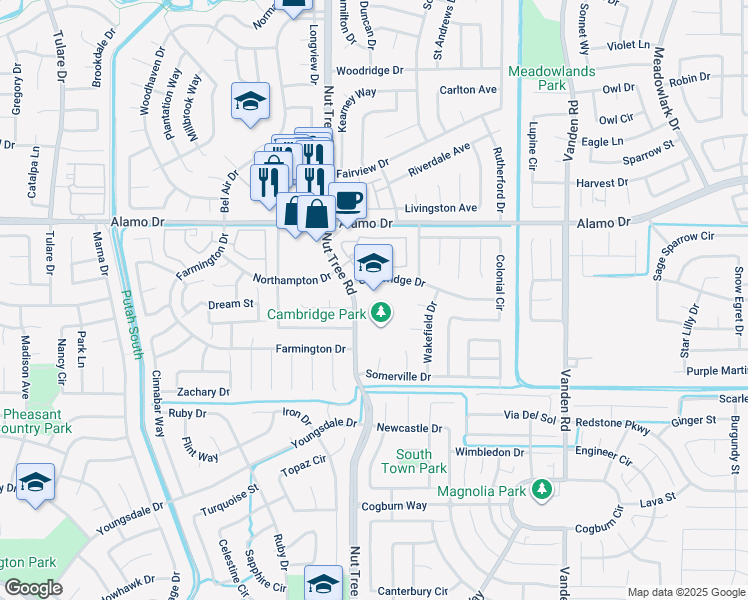 map of restaurants, bars, coffee shops, grocery stores, and more near 100 Cambridge Drive in Vacaville