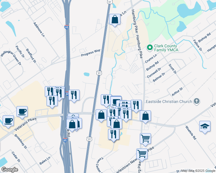 map of restaurants, bars, coffee shops, grocery stores, and more near 4501 Town Center Boulevard in Jeffersonville