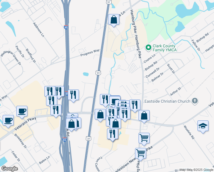 map of restaurants, bars, coffee shops, grocery stores, and more near 4500 Town Center Boulevard in Jeffersonville