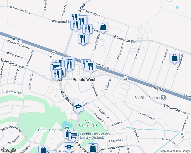 map of restaurants, bars, coffee shops, grocery stores, and more near 114-148 E Spaulding Ave in Pueblo West
