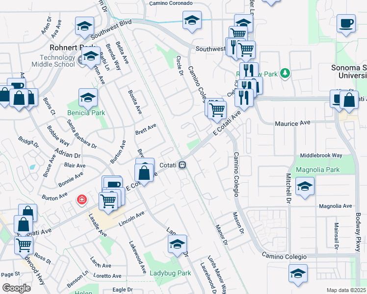 map of restaurants, bars, coffee shops, grocery stores, and more near 1025 East Cotati Avenue in Cotati