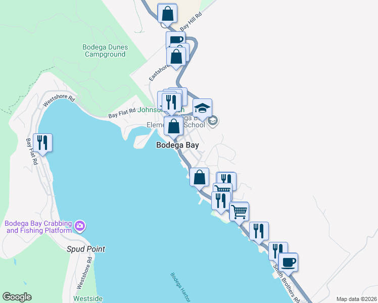 map of restaurants, bars, coffee shops, grocery stores, and more near 1130 Bodega Avenue in Bodega Bay