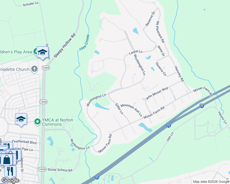 map of restaurants, bars, coffee shops, grocery stores, and more near 10612 Worthington Lane in Prospect