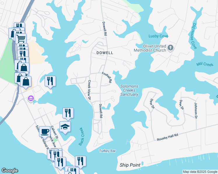map of restaurants, bars, coffee shops, grocery stores, and more near 14264 Foxhall Road in Solomons