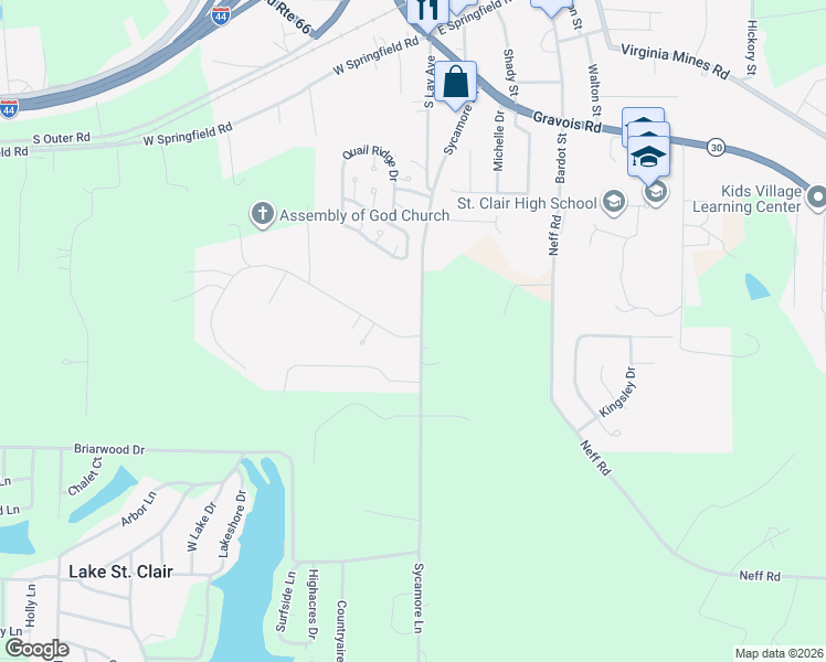 map of restaurants, bars, coffee shops, grocery stores, and more near 1314 Sycamore Lane in Saint Clair
