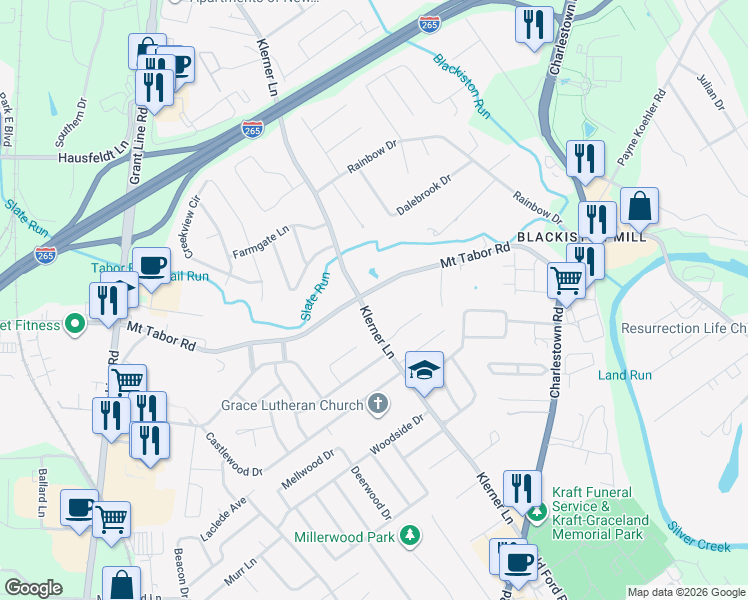 map of restaurants, bars, coffee shops, grocery stores, and more near 1834 Klerner Lane in New Albany