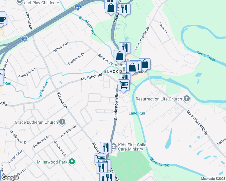map of restaurants, bars, coffee shops, grocery stores, and more near 2867 Charlestown Road in New Albany