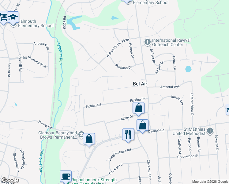 map of restaurants, bars, coffee shops, grocery stores, and more near 1004 Conway Road in Fredericksburg