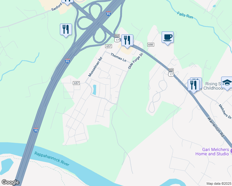 map of restaurants, bars, coffee shops, grocery stores, and more near 709 Olde Forge Drive in Fredericksburg