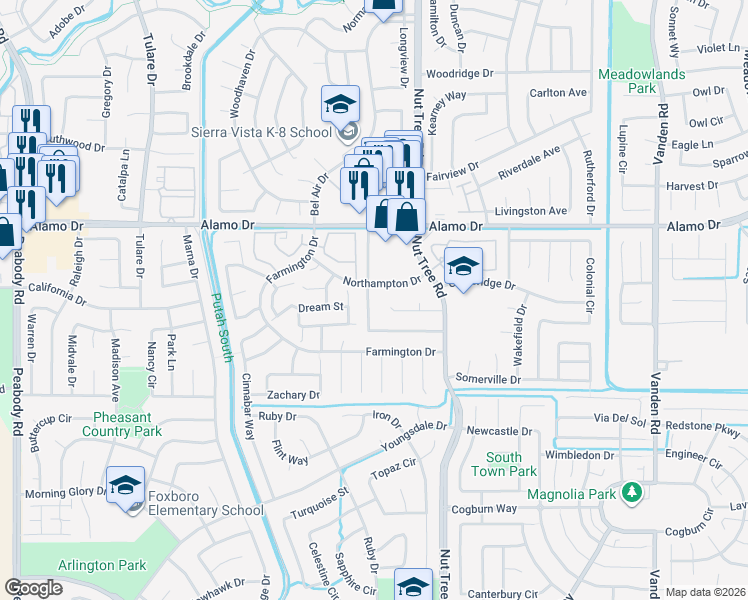 map of restaurants, bars, coffee shops, grocery stores, and more near 1213 Needham Drive in Vacaville