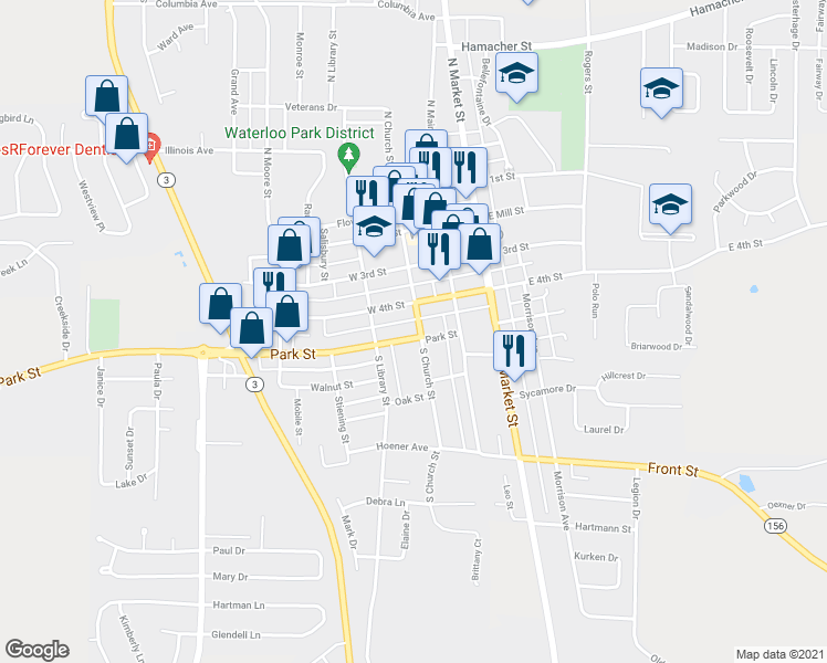 map of restaurants, bars, coffee shops, grocery stores, and more near 311 South Church Street in Waterloo