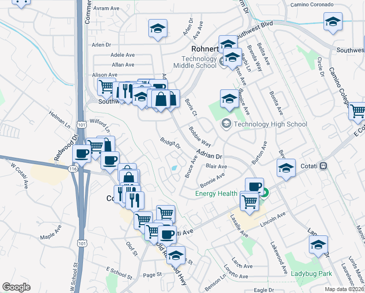 map of restaurants, bars, coffee shops, grocery stores, and more near 125 Fiesta Lane in Rohnert Park