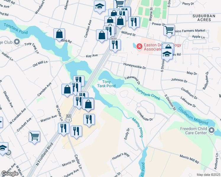 map of restaurants, bars, coffee shops, grocery stores, and more near 227 Canal Park Drive in Salisbury