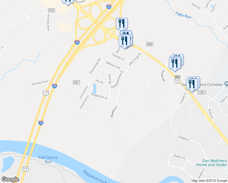 map of restaurants, bars, coffee shops, grocery stores, and more near 703 Olde Forge Drive in Fredericksburg