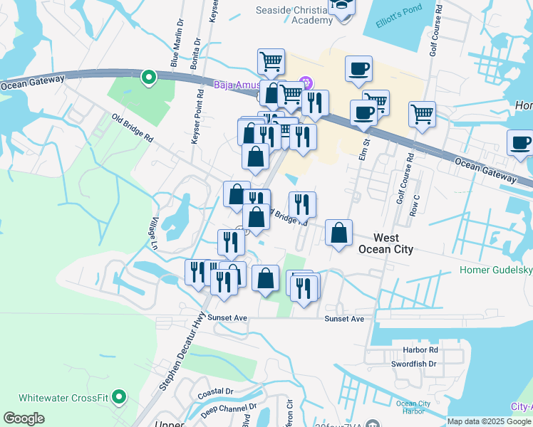 map of restaurants, bars, coffee shops, grocery stores, and more near 12622 Old Bridge Road in Ocean City