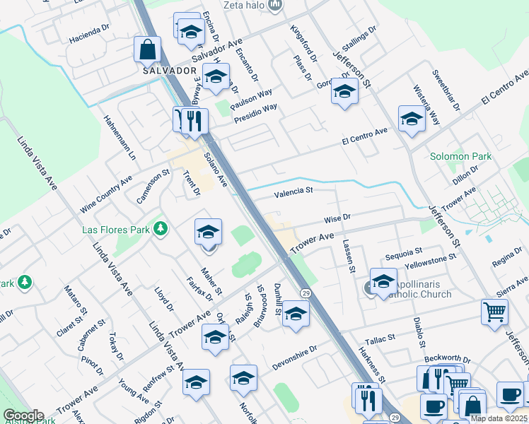 map of restaurants, bars, coffee shops, grocery stores, and more near 2 Avalon Court in Napa