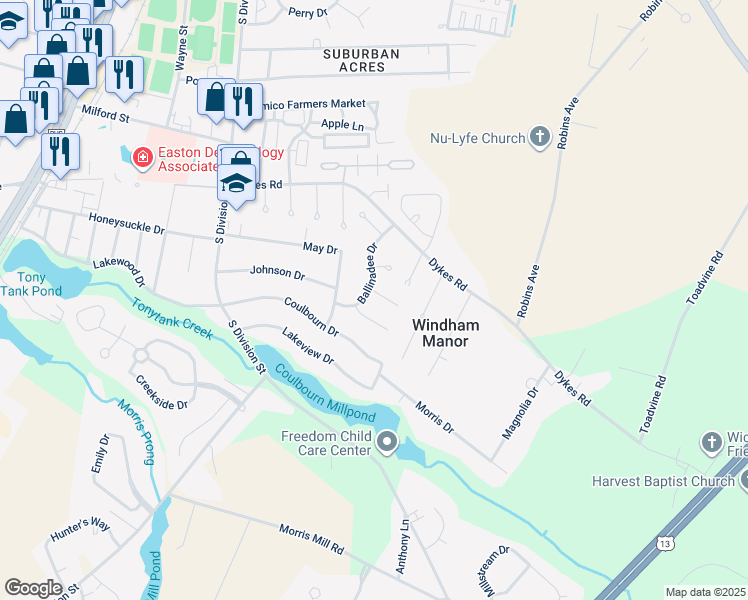 map of restaurants, bars, coffee shops, grocery stores, and more near 202 Donegal Court in Salisbury