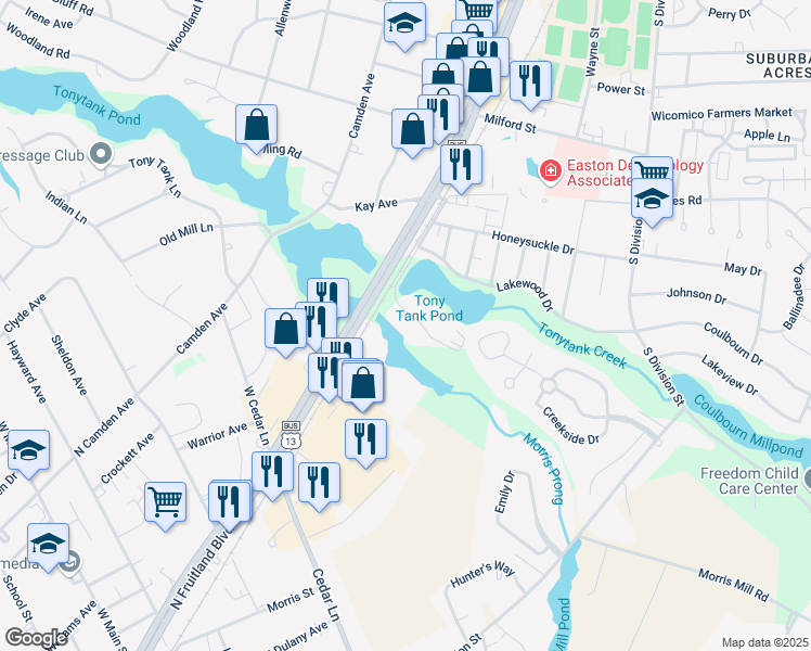 map of restaurants, bars, coffee shops, grocery stores, and more near 228 Canal Park Drive in Salisbury
