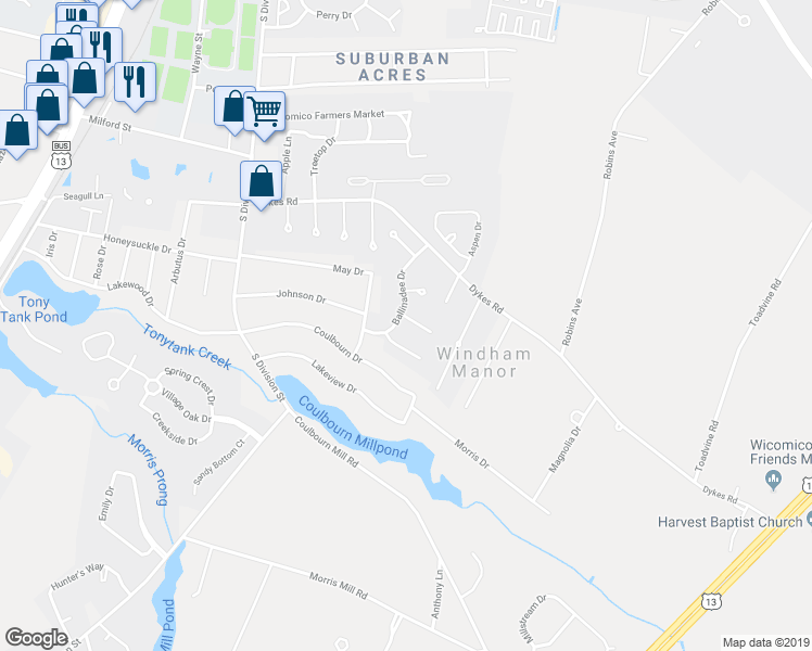 map of restaurants, bars, coffee shops, grocery stores, and more near 202 Donegal Court in Salisbury