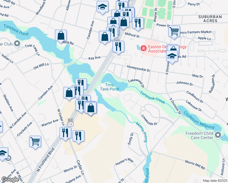 map of restaurants, bars, coffee shops, grocery stores, and more near 227 Canal Park Drive in Salisbury