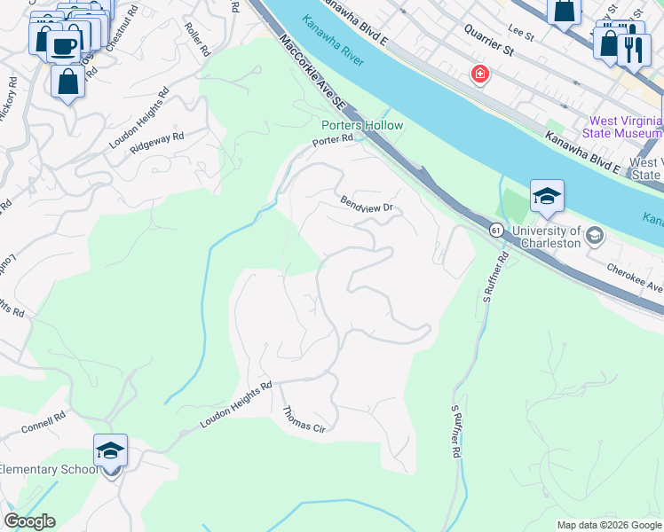 map of restaurants, bars, coffee shops, grocery stores, and more near 1723 Loudon Heights Road in Charleston