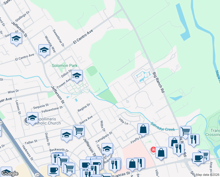 map of restaurants, bars, coffee shops, grocery stores, and more near 205 Old Vine Way in Napa
