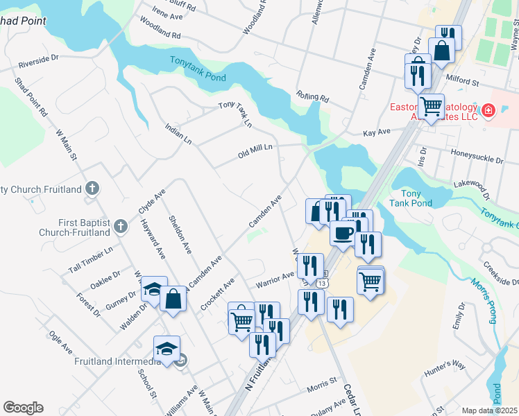 map of restaurants, bars, coffee shops, grocery stores, and more near 401 Cobblers Green Road in Salisbury