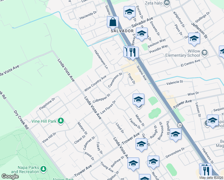 map of restaurants, bars, coffee shops, grocery stores, and more near 2222 Las Flores Drive in Napa