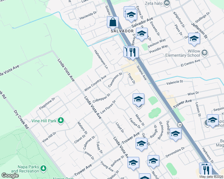 map of restaurants, bars, coffee shops, grocery stores, and more near 2222 Las Flores Drive in Napa