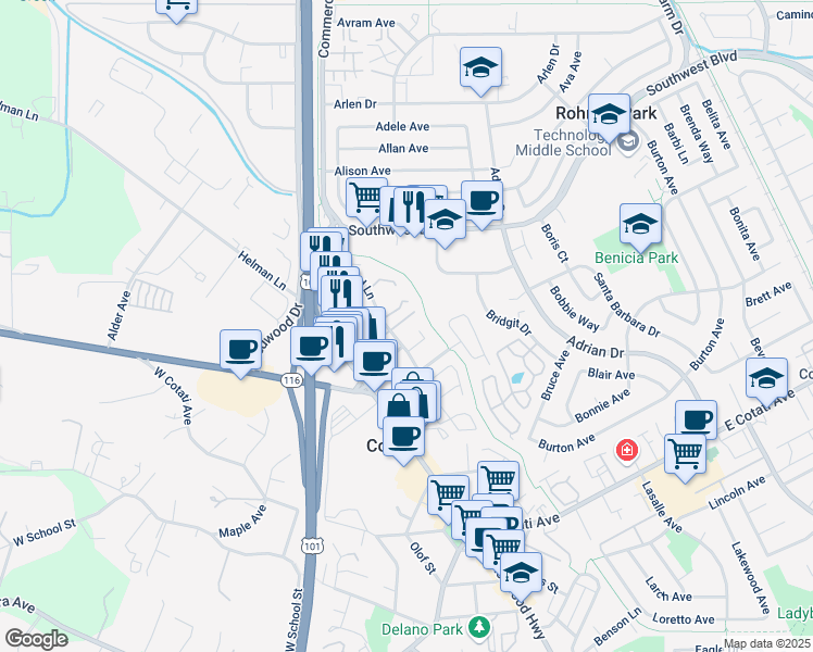 map of restaurants, bars, coffee shops, grocery stores, and more near 26 Meadowbrook Court in Cotati