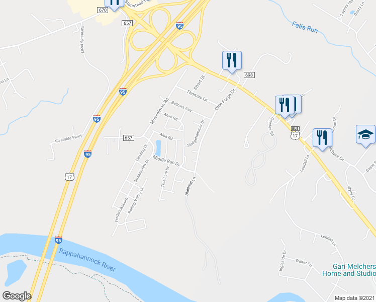 map of restaurants, bars, coffee shops, grocery stores, and more near 711 Anvil Road in Fredericksburg