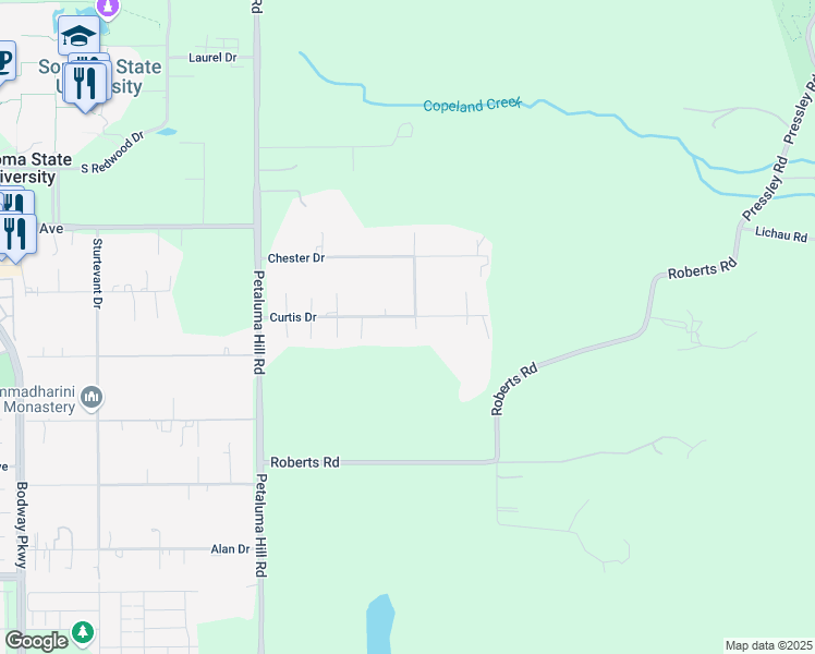 map of restaurants, bars, coffee shops, grocery stores, and more near 2298 Curtis Drive in Penngrove