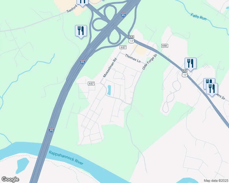 map of restaurants, bars, coffee shops, grocery stores, and more near Spring Park Lane in Fredericksburg