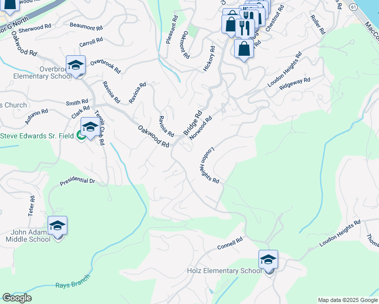 map of restaurants, bars, coffee shops, grocery stores, and more near 1516 Bridge Road in Charleston