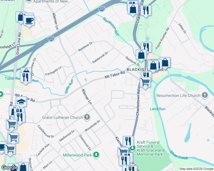 map of restaurants, bars, coffee shops, grocery stores, and more near 111 Amy Court in New Albany