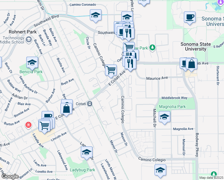 map of restaurants, bars, coffee shops, grocery stores, and more near 7604 Melody Drive in Rohnert Park