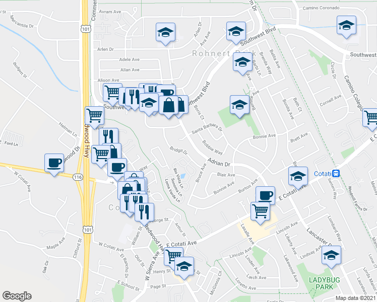 map of restaurants, bars, coffee shops, grocery stores, and more near 125 Fiesta Lane in Rohnert Park