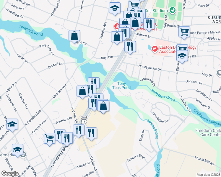 map of restaurants, bars, coffee shops, grocery stores, and more near 228 Canal Park Drive in Salisbury
