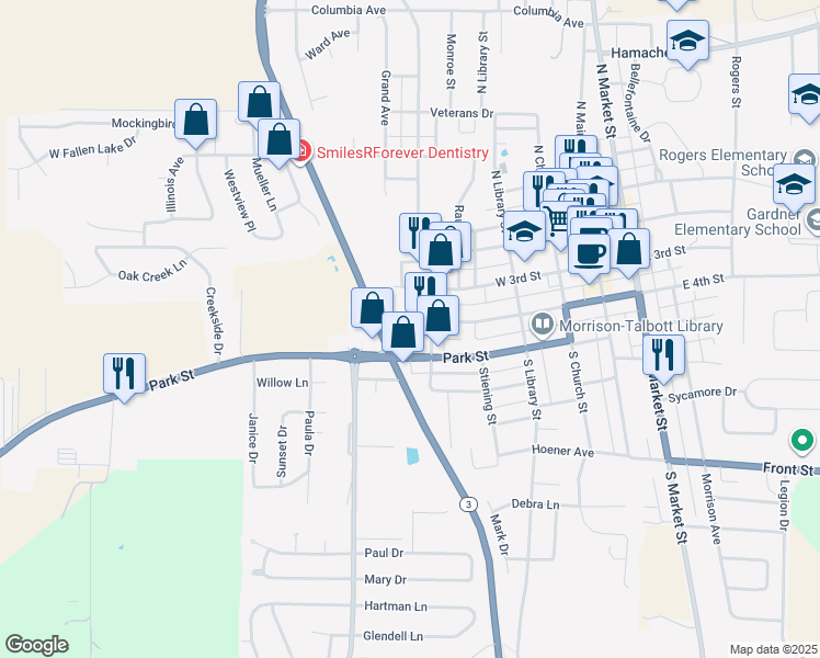 map of restaurants, bars, coffee shops, grocery stores, and more near 503 Park Street in Waterloo