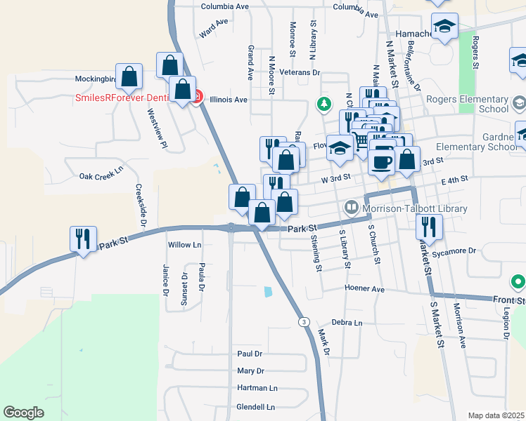 map of restaurants, bars, coffee shops, grocery stores, and more near 503 Park Street in Waterloo