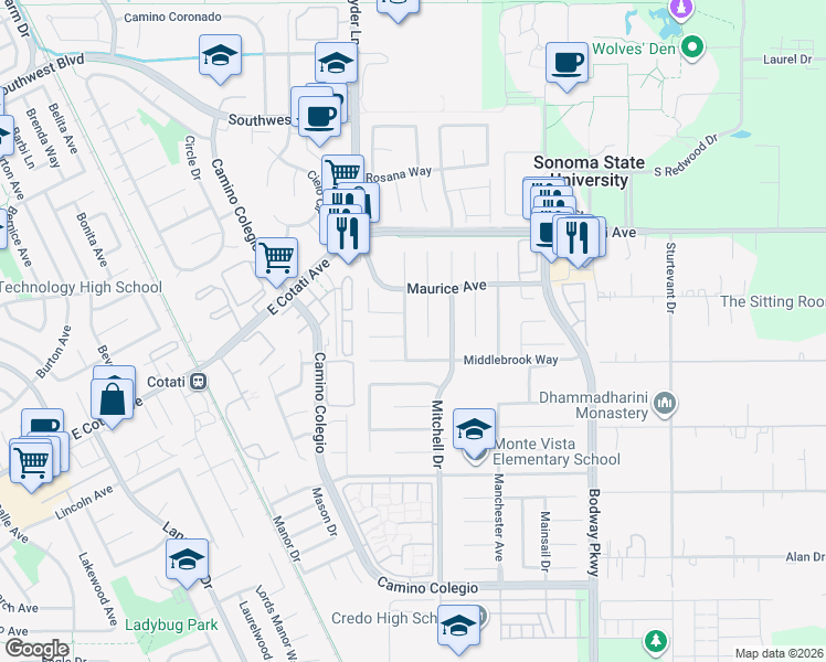 map of restaurants, bars, coffee shops, grocery stores, and more near 1340 Middlebrook Way in Rohnert Park
