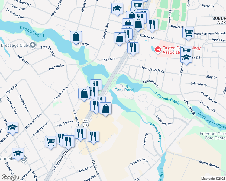 map of restaurants, bars, coffee shops, grocery stores, and more near 228 Canal Park Drive in Salisbury