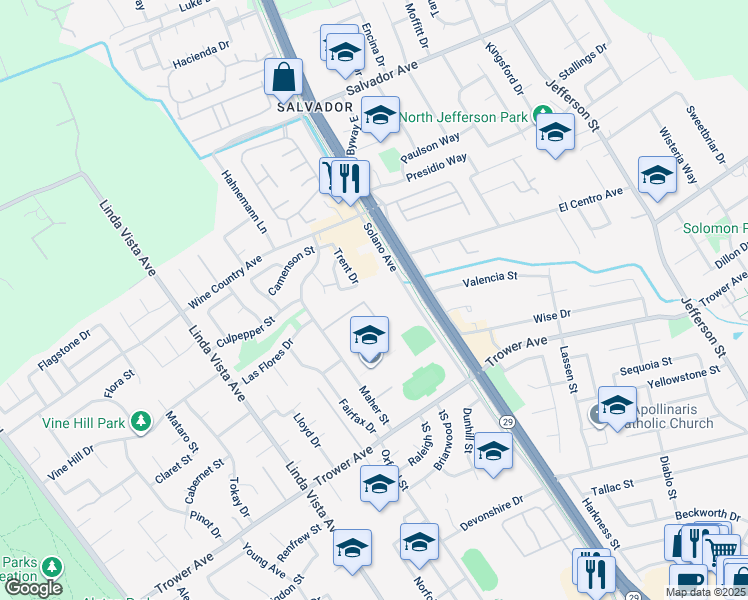 map of restaurants, bars, coffee shops, grocery stores, and more near 4055 Solano Avenue in Napa