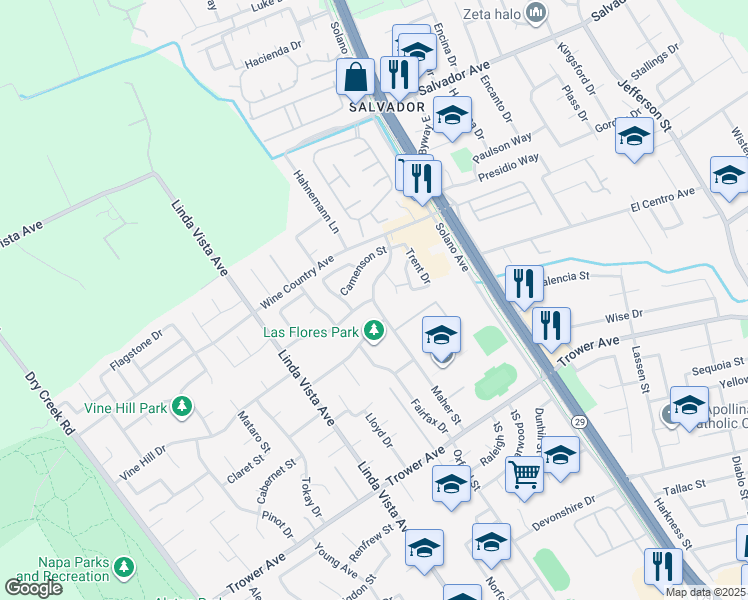 map of restaurants, bars, coffee shops, grocery stores, and more near Culpepper St & Maher St in Napa