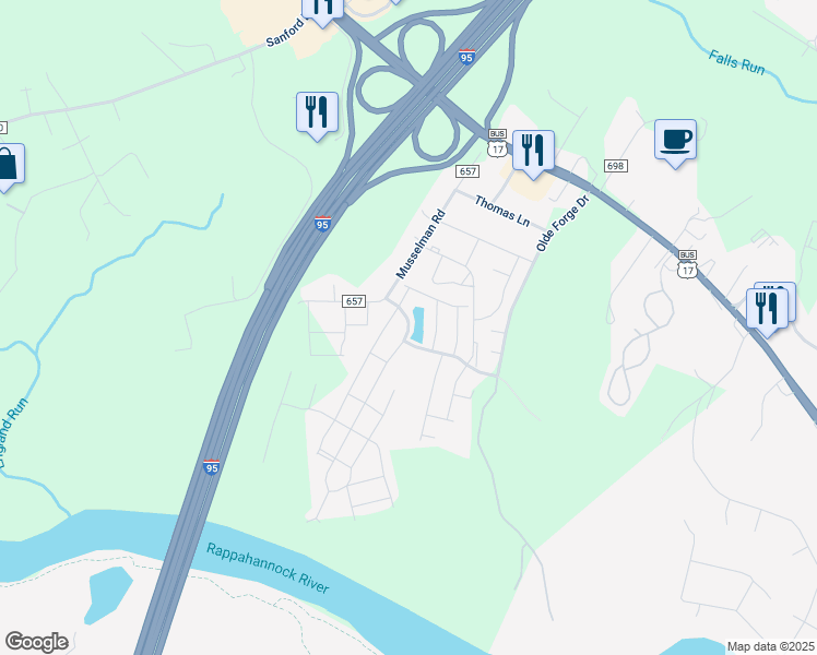 map of restaurants, bars, coffee shops, grocery stores, and more near 211 Streamview Drive in Fredericksburg